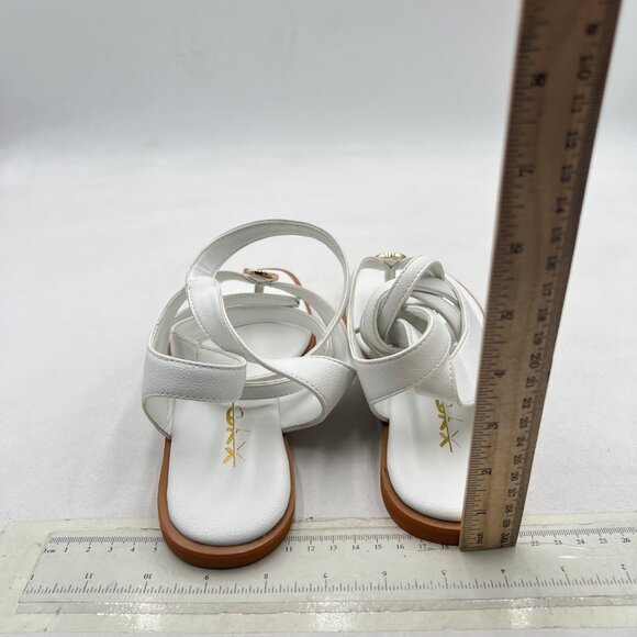 XYD White Open Toe Metal Gold Hardware Flip Flops Ankle Wrap Lace-up Flat Sandal - Picture 5 of 8